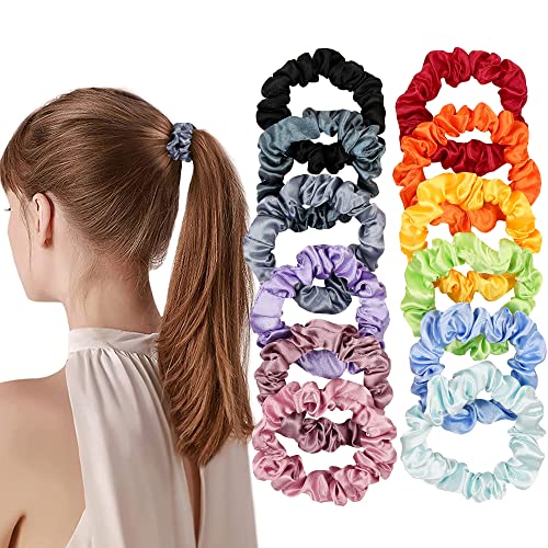 Image of Satin Silk Hair Ties Small Mini Scrunchy for Women Cute Soft No Slip Ponytail Holders 12 Pcs Mini Bulk Scrunchies Elastic Hair Bands for Thick Curly Hair Pony Tails Hair Ties