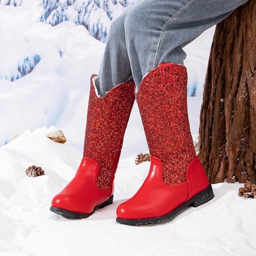 Girls Winter Boots Kids Sparkle Glitter Contrast Cowgirl Fleece Lined Warm Mid Calf Snow Boots Western Riding Shoes4