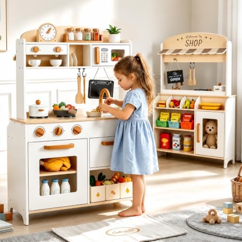 Dual-Sided Play Kitchen for Kids Toddler Play Store Wooden Toy Kitchen Set