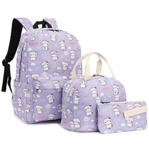 Cat Girls Backpack for School, Kids Elementary School Bag Teens Middle Bookbag Set with Lunch Box Pencil Case