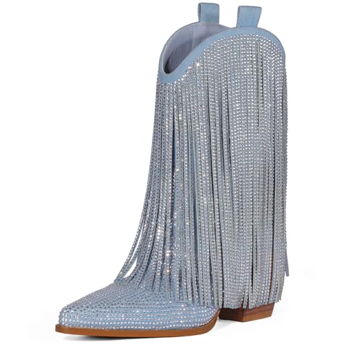 Cowboy Boots for Women - Cowgirl Western Rhinestone Sparkly Fringe Chunky Heel Pointed Toe Ankle Boots