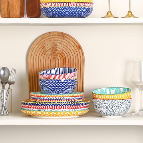 Image of Selamica Ceramic Plates and Bowls Sets,12 Pieces Dinnerware Sets for 4,Scratch Resistant Dish Set,Dishwasher & Microwave Safe, Assorted Colors