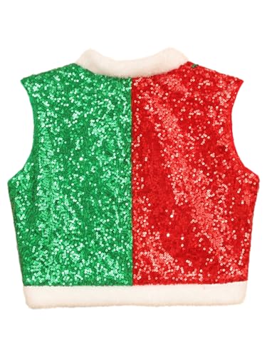 Hedmy Kids Sequins Christmas Vest Sleeveless Open Front Faux Fur Hem Waistcoat for Halloween Carnival Party4