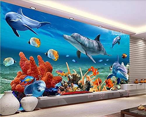 3D Tapete Wandtapete 3D Custom 3D Tapete Unterwasser Delphin Fisch Tapete Aquarium Wand Hintergrund Zimmer Kinder Wand Papier-250_X_175Cm Hauptdekorationen Für Wohnzimmer, Schlafzimmer, Esszimmer, B Cover