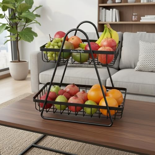 Image of 2 Tier Metal Fruit and Vegetables Basket with Handle|Fruit Vegetables Snacks and Bread Organizer for Kitchen, Dining Table, Livingroom|Bathroom Countertop Basket Stand - Black