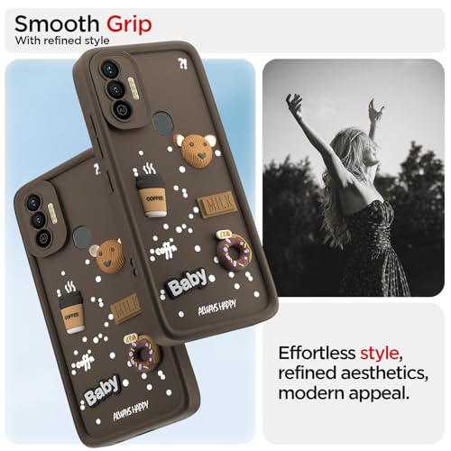 Image of Pikkme Back Cover for Tecno Spark 7 / 7T | 3D Bear Silicone Cute & Fun Coffee Cartoon | Full Body Protection Bumper Case (Brown)