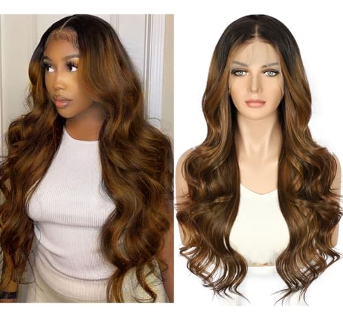 Sapphirewigs Brown Lace Front Wig 13x4 Synthetic Body Wave Ombre Brown Synthetic Lace Front Wigs for Women Party Date Daily Wear Christmas Natural Looking 26 inch