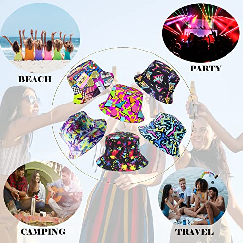 6 Pack Retro 80S 90S Bucket Hats For Men Women, Funny Retro Party Hats, Vintage Print Fisherman Hats For Disco Hip Hop Party, Unisex Reversible Portable Hat Outdoor Fashion Sun Cap #TOP2