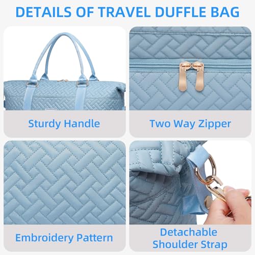 Image of Duffle Bag for Travel, Weekender Bag with Shoe Compartment, Carry On Overnight Bag for Women with Toiletry Bag, Gym Bag with Wet Pocket, Hospital Bags for Labor and Delivery Beige, Blue-Embroidery