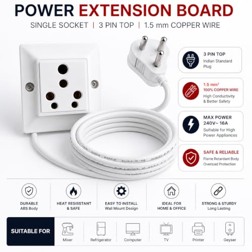 Image of ArshRaj Electronics 16A Heavy Duty Power Extension Board | Single Socket | 1.5 Sq.mm Pure Copper Wire | 2 Meter Cable | 3 Pin Plug Top | Extension Board for Home, Kitchen, Office & Heavy Appliances