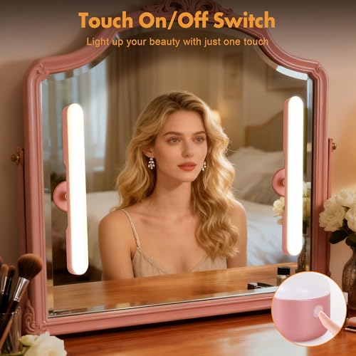 Image of Set of 2 Wireless Vanity Makeup Lights for Mirror, Rechargeable LED Stick On Light Bar for Bathroom Mirror with Dimmable 3 CCT, Long Battery Life Cordless Light Valentine's Day gift for Women(Pink)