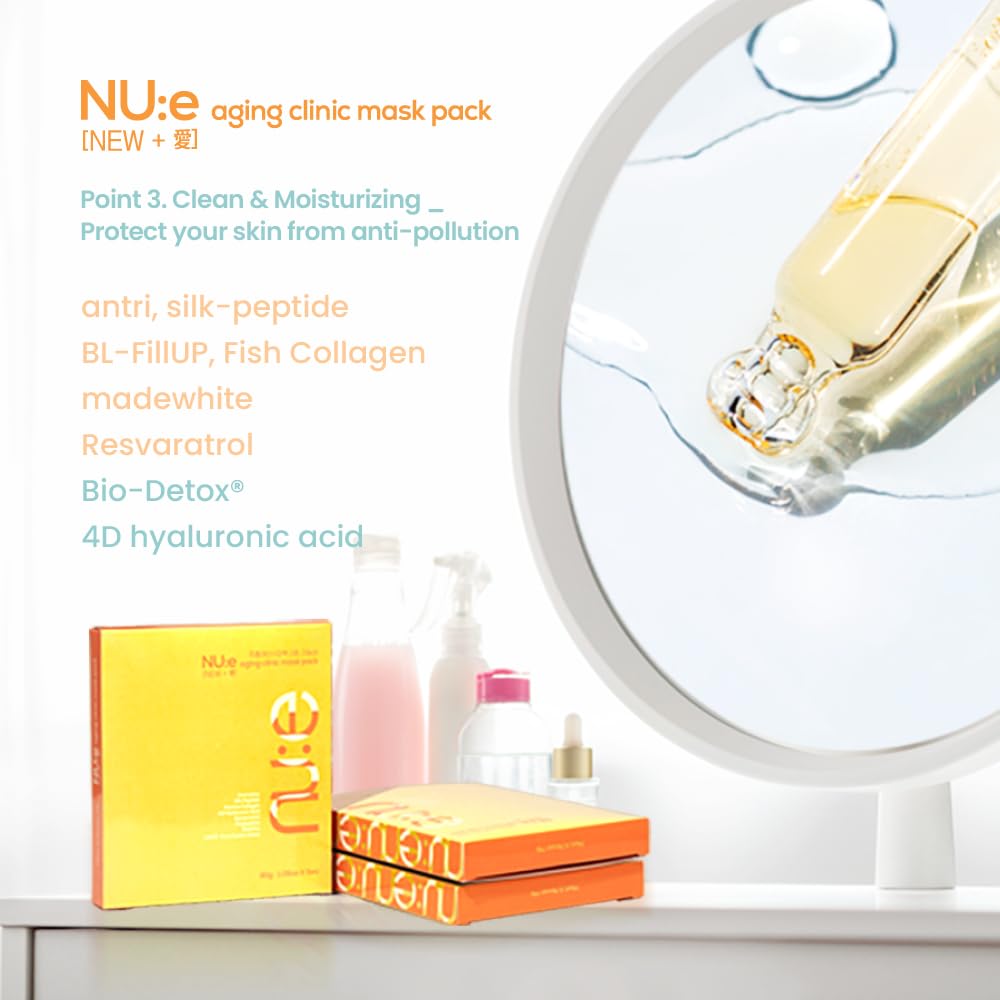 Nue Aging Care Mask Pack - 8-in-1 Premium Ampoule Formula(natural Silk Peptides, Carnosine etc.) with 100% Pure Cotton Sheet for Radiant Elasticity & Glow, 30g x 5 Sheets