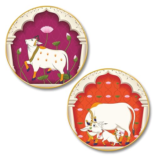Image of SAF Livin'Luxe Premium Round Cow Wall Art For Living Room,Gau Mata Indian Traditional Golden Frame Painting,HD Print Sparkle Laminated Painting,Decorative Wall Frame For Home Temple Pooja Room 23 In