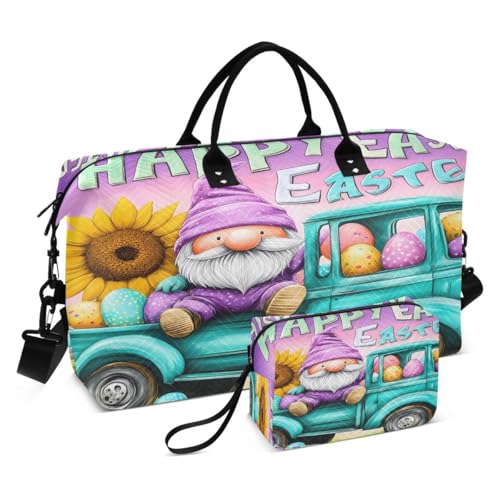 Easter Gnome Car Sunflower Travel Duffle Bag Gym Bag Weekender Bags with Toiletry Bag Travel Trip Tote Bag