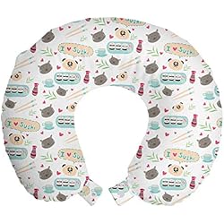 Almohada Japonesa Del Amor ABAKUHAUS Gato japonés Cojín de Viaje para Soporte de Cuello, Sushi Doodle del Amor de I, de Espuma con Memoria y Funda Estampada, 30x30 cm, Champagne Topo Gris