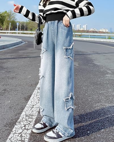 HBER Kids Girls Cute Star Jeans Elastic Waist Wide Leg Pull On Jeans Baggy Denim Pants for Teen Girls 5-14 Years3
