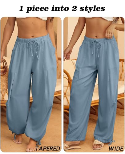 Image of Women's Linen Balloon Barrel Beach Pants Boho Harem Flowy Drawstring Casual Loose Pants with Pockets