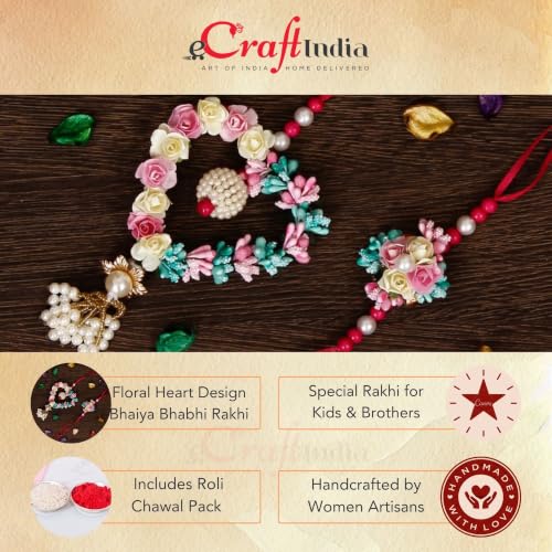 Image of eCraftIndia Diamonds, Pearls Floral Designer Bhaiya Bhabhi Rakhi Set with Roli Chawal Pack - for Brother, Bhaiya, Bhai - Lumba Rakhi for Bhabhi