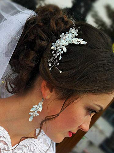 Missgrace Bridal Blue Opal Crystal Headpiece Bridesmaid Wedding Rhinestones Hair Comb Crystal Hair Clip Headpiece for Women and Girls