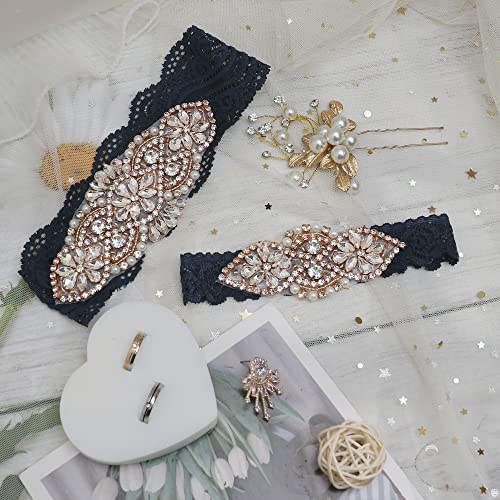 yanstar Wedding Bridal Garter Belt Navy Stretch Lace Bridal Garter Sets With Rose Gold Rhinestones For Wedding