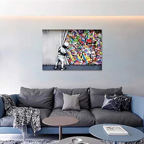 Yatsen Bridge Classic Street Art Banksy Graffiti Wall Art Behind The Curtain Posters Canvas Paintings Colorful Graffiti Pictures Prints Framed for Living Room Home Decor(36''W x 24''H) - Image 5