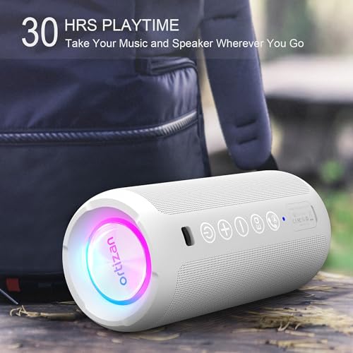 Image of Ortizan Portable Bluetooth Speaker, IPX7 Waterproof, Wireless, Big Sound and Deep Bass, 24W Stereo, TWS Pairing, 30Hrs Playtime, Bluetooth 5.3, RGB Lights, for Home /Party /Outdoor /Beach (X10 White)