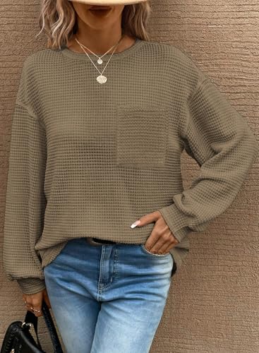 Image of Dokotoo Womens Waffle Knit Tops 2026 Oversized Long Sleeve Crewneck Shirts Business Casual Blouses Basic Shirts