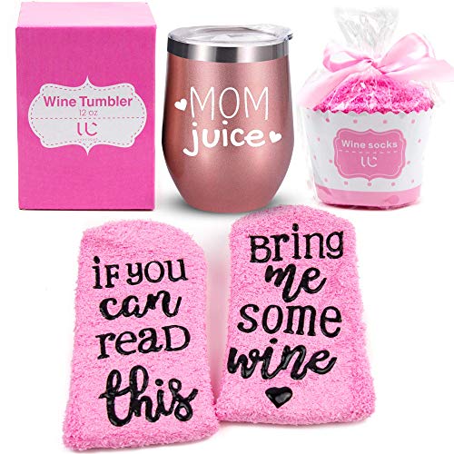Mom Gift Set | Mom Juice Wine Tumbler + Cupcake Wine Socks | Stainless Steel 12 oz Stemless Wine Tumbler with Lid + Wine Socks | Funny Gifts for Mom, Mom Gifts, Birthday Gifts for Mom