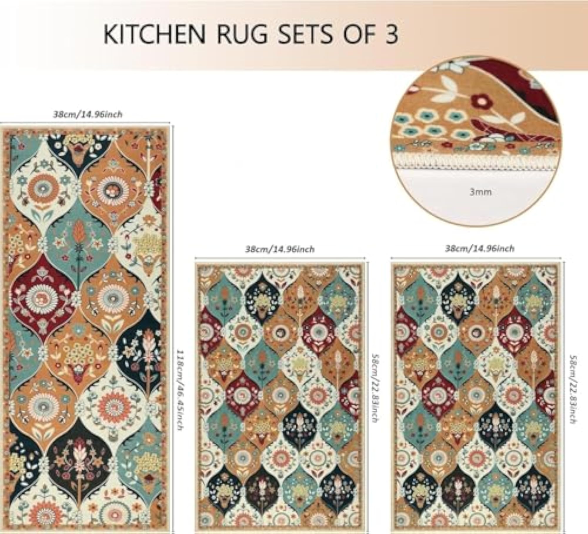 Floral Kitchen Mats Set, 3 Pcs Non-Skid