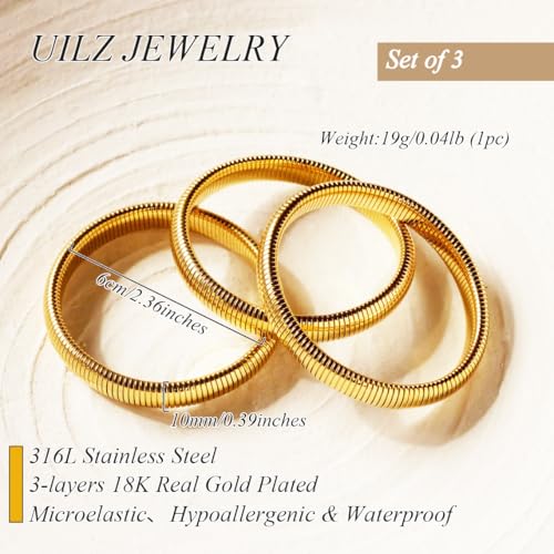 UILZ 3-Pack Gold Bangles Bracelet for Women, 925 Sterling Silver Plated Stainless Steel Chunky Stretch Bangles Stackable Wide Silver Bracelet Jewelry for Everyday & Special Occasions 5