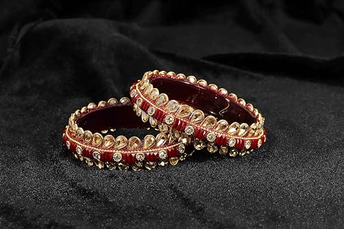 Image of NMII Glass Golden Zircon Stone & Kundan Beads Kada Set For Women & Girls | Fancy Design Kada Bangles | Traditional Look Kangan | Glass Bangles For Women Wedding, Party, Function, Daily use- Set of 2