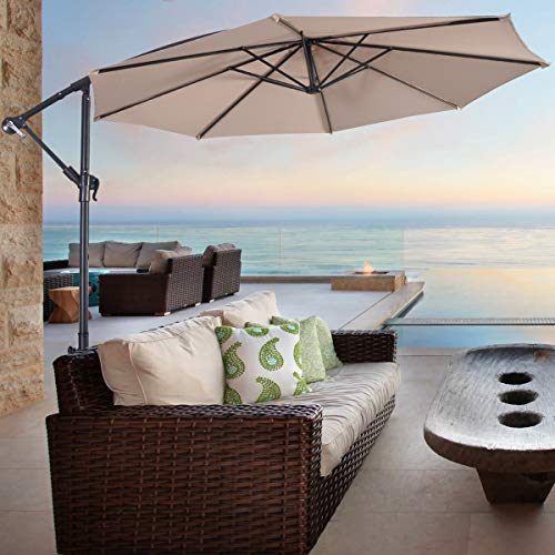 Tangkula Patio Umbrella, 10 Ft Outdoor Offset Hanging Umbrella With Crank And Cross Base, 8 Steel Rips, Sturdy Frame And Adjustable Umbrellas For Garden Poolside Deck Market (Beige) #TOP1