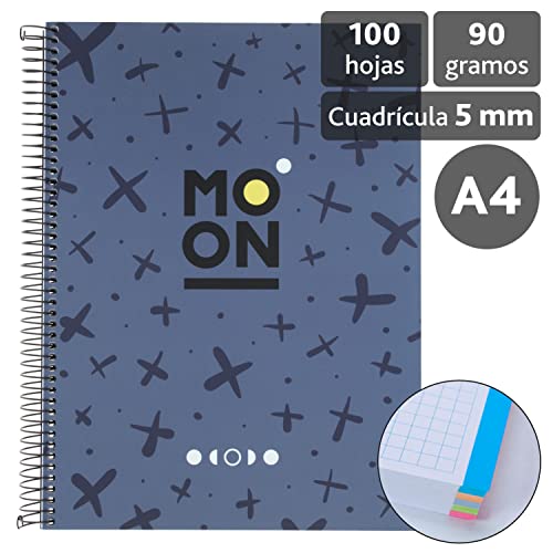 Grafoplás 88528430 Notizbuch A4, Blau, Hardcover, Laminierung, Soft Anti-Fingerabdruck, 100 Blatt 90 g, Lineatur 5 x 5, mikroperforiert, 4 Bohrungen, FSC, Kollektion Moon