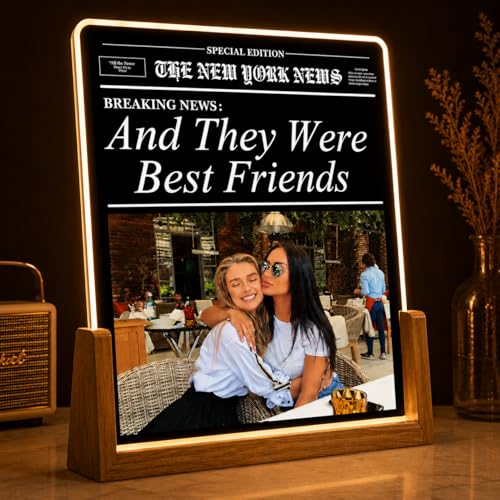 Image of Friendship Day Custom Photo Collage LED Lamp, Personalised Acrylic Night Light for Best Friends, Warm White, Wooden Base, Touch Control, Modern Style (Bestie 9)