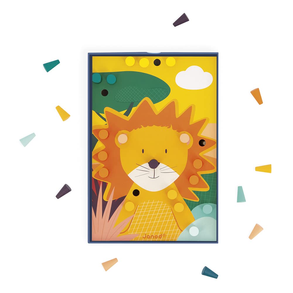 Janod - Mes Premières Mosaïques en Bois - Jouet d'Eveil - 7 Cartes Perforées et 70 Pions en Bois - Apprentissage des Couleurs et Motricité - Peinture à l'eau - Dès 3 Ans, J08278
