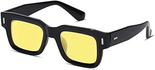 Hanj ブラック スクエア トレンディ サングラス レディース メンズ レトロ クール サングラス ファッション クラシック チャンキー フレーム ヴィンテージ 長方形 シェード, イエロー, 49mm