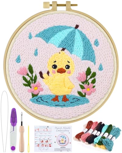 ERKOON Punch Needle Kit for Beginners Adults DIY Easy Animal Embroidery Set for Starter Art Craft Needling Punch Project with Patterns Tools Yarns Hoop Instruction (Duck)