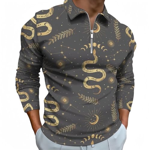 Polo manches longues homme gothique avec motif serpent doré et col zippé décontracté