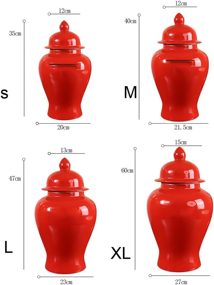 Red Ginger Jar,Ceramic Ginger Jar with Lid,Solid color Ginger Jar Vase Decor, Ceramic Decorative Jars for Home, Office, Table, Living Room Table Decorations (Red,M/16in)