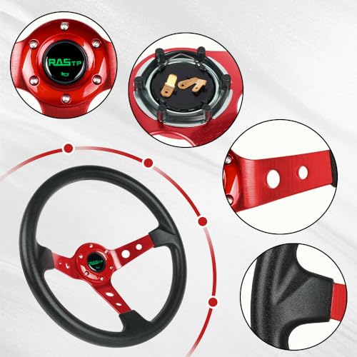 RASTP Universal Racing Steering Wheel,Drifting Deep Dish Steering Wheel 13.8â/350mm 6 Bolts Grip Vinyl Leather & Aluminum with Horn Button for Car -Red - Image 3