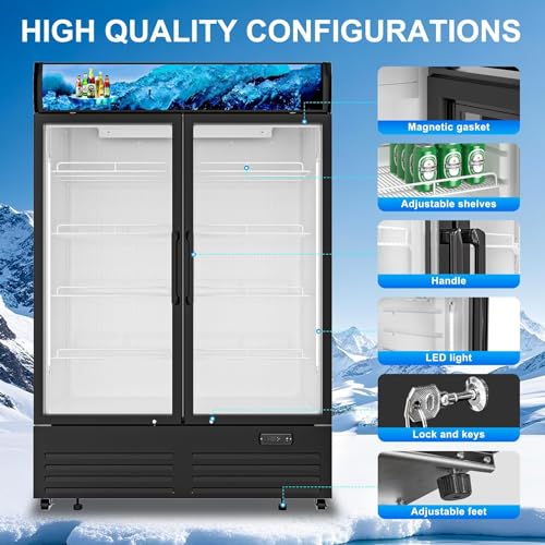 Commercial Beverage Refrigerator 2 Glass Door, 36 Cu.ft Commercial Upright Display Merchandiser Refrigerator, Beverage Cooler with LED Light, Lock Wheels, Adjustable Shelf for Bar, Shop - Image 5