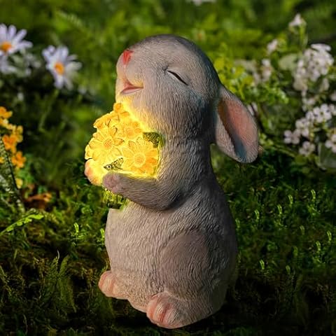WONDHOME Solar Rabbit Garden Statues Outdoor Bunny Decor Resin Rabbit Figurine Holding Sunflower with LED Lights for Proch Patio Lawn Yard Christmas Housewarming Gardening Gifts for Mom Grandma Cover