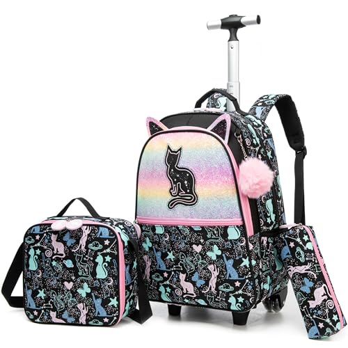 HTgroce Zaino Trolley Scuola Elementare Bambina Gattino Zaino Scuola Trolley Zaino Scuola Bambina Zaino Trolley Scuola Valigie Elementare Bambina