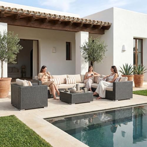 Image of Amazon Brand - Solimo Solara Outdoor 7 Seater Sofa Set | Balcony Sofa | Patio Furniture Sets | Conversation Sets | Wicker | Garden | Balcony | (Dark Brown & Cream)