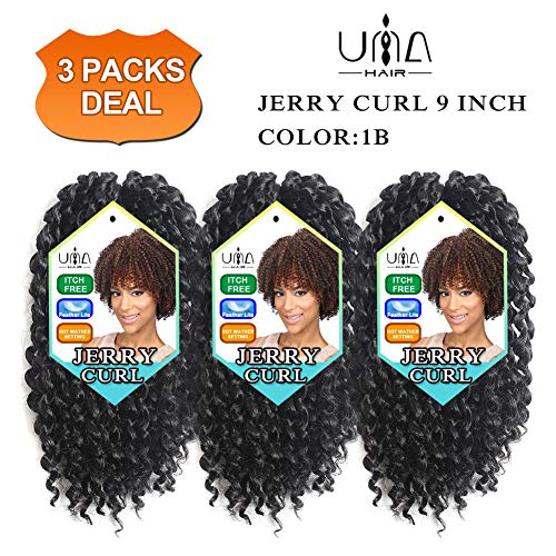 UNA 9inch Jerry Curl Crochet Hair Ombre Marlybob Crochet Braids Short Afro Kinky Curly Braiding Hair (3Pcs, 1B)
