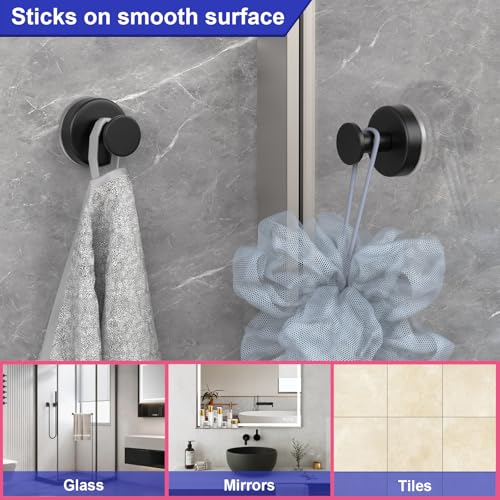 Image of HUFEEOH Suction Cup Hooks for Shower, Towel Hooks Wall Hooks for Hanging, Removable Towel Holder for Bathroom, Kitchen, Glass Door, Mirror, Tile (2 Pack O Shape - Black)
