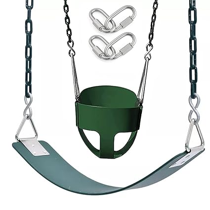 REZNOR High Back Full Swings Seats and Bucket Swing with 2 Meter Chain, Playground Swing Set Accessories, 4 Oval Shape Stainless Steel Screw Link Snap Hooks for Kids, Adults, Green