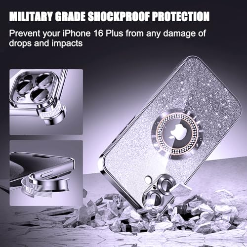 Image of Misscase for iPhone 16 Plus Magnetic Glitter Case Compatible with MagSafe,Full Protection Slim Shockproof Anti-Scratch Case with Camera Lens Protector Logo View Dust-Proof Net for Women Silver