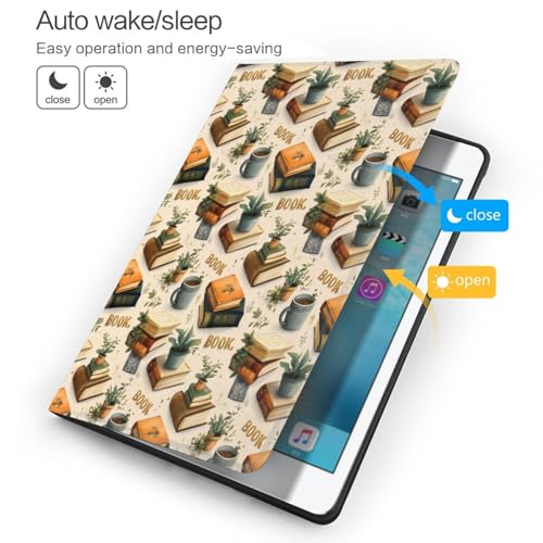 Housse iPad 10.2 compatible 9e 8e 7e génération avec support folio motif livre café - 3