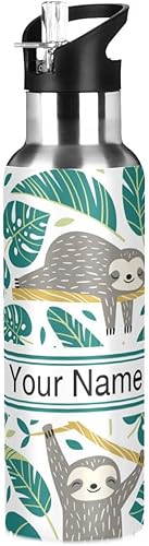 ZOEO Botella de agua personalizada con pajilla, perezoso perezoso, palmera, tapa tropical, termo para niños, con aislamiento de acero inoxidable,